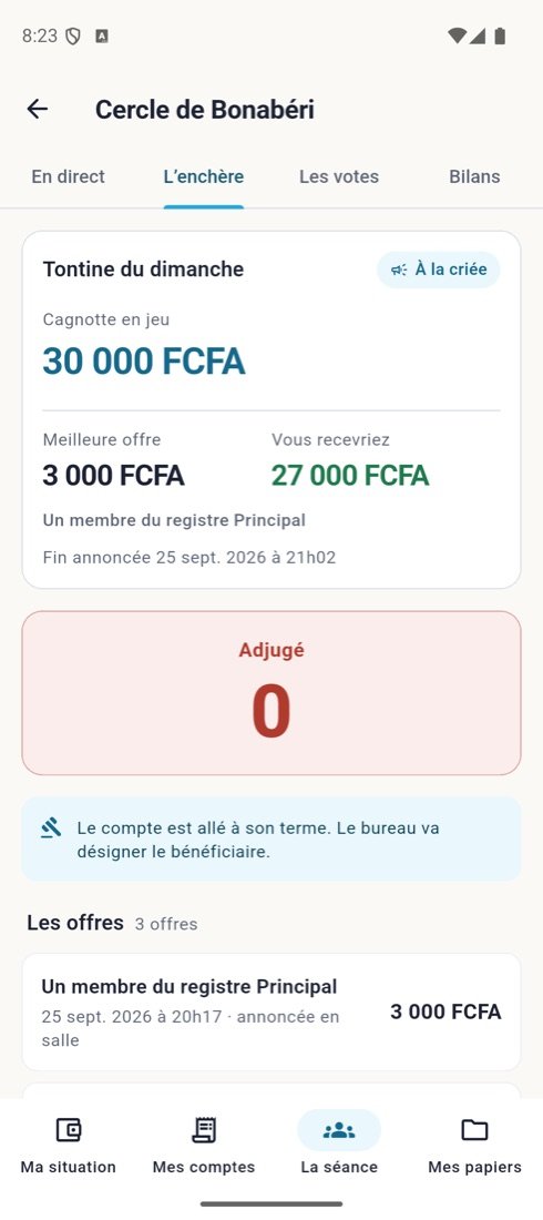 Enchère de la cagnotte en direct, avec le décompte du crieur