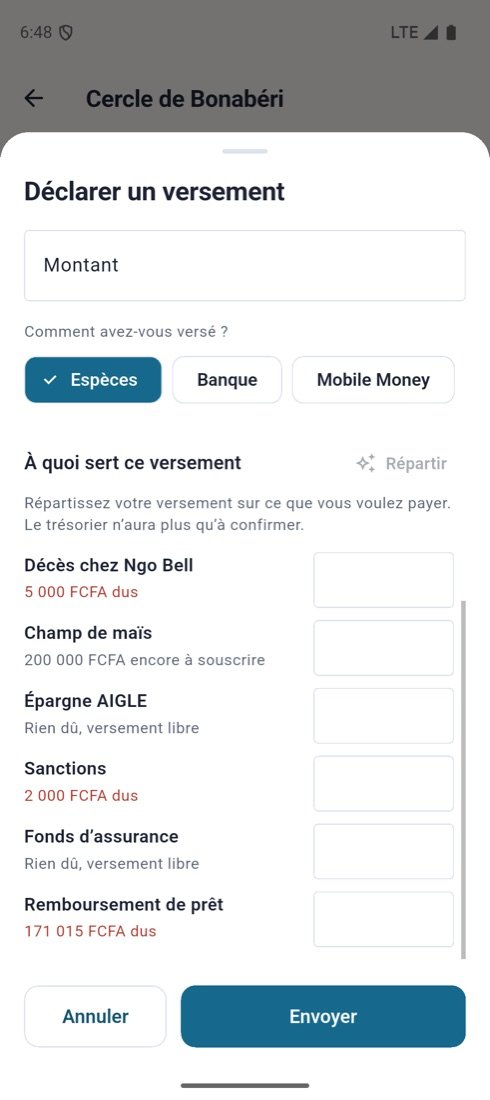 Déclaration d’un versement à distance, réparti entre les caisses
